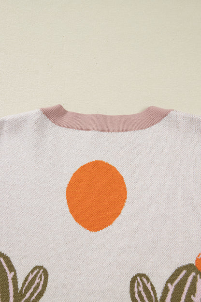 Apricot Cactus Print V Neck Plus Size Button Cardigan
