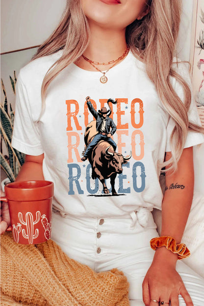 White RODEO Heat Transfer Printing Graphic T Shirt