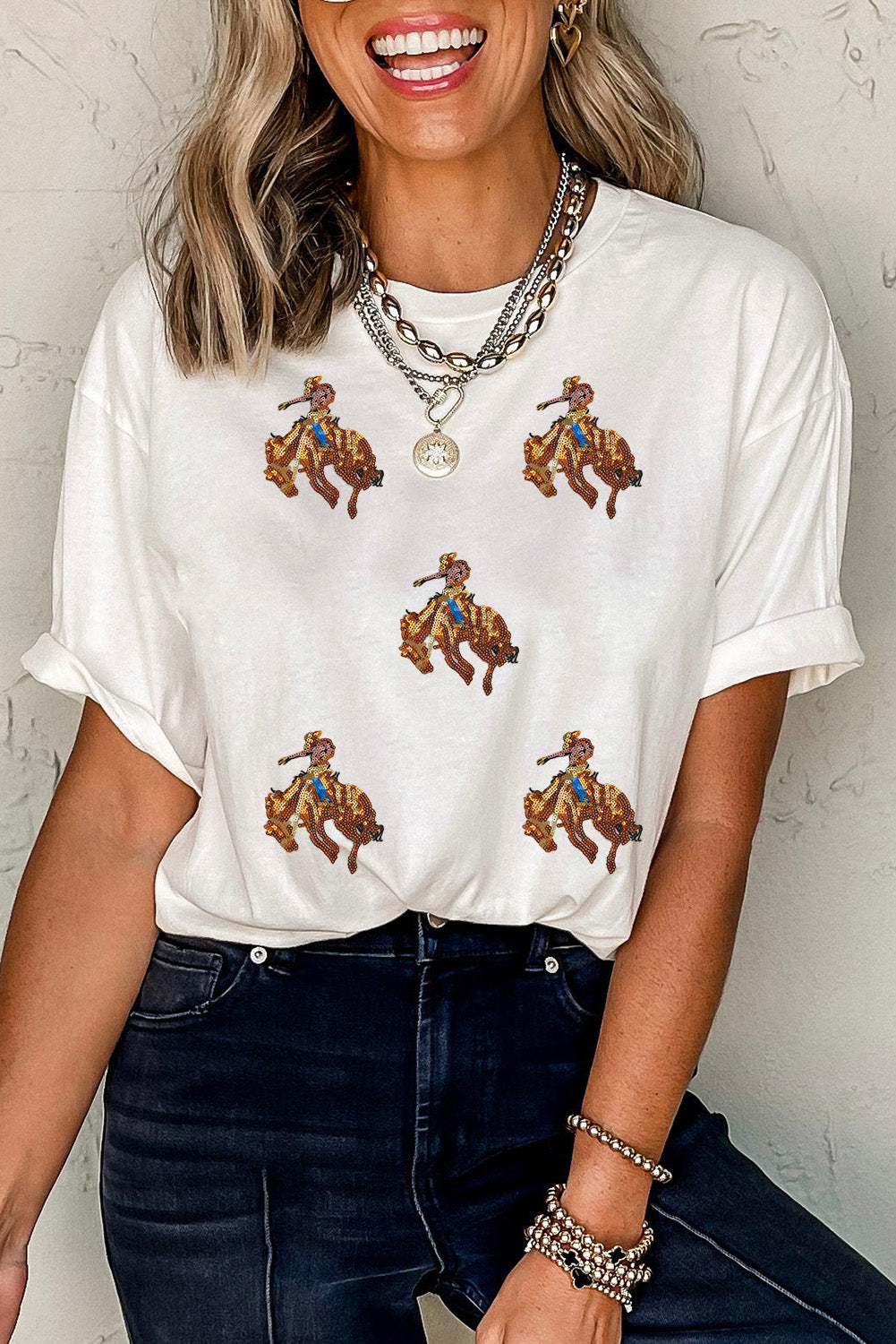 White Rodeo Sequins Patch Graphic Casual Round Neck Tee