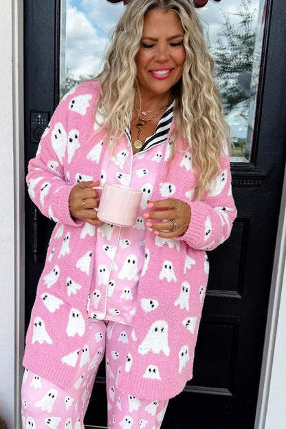 Black Halloween Ghost Pattern Mid length Knitted Cardigan