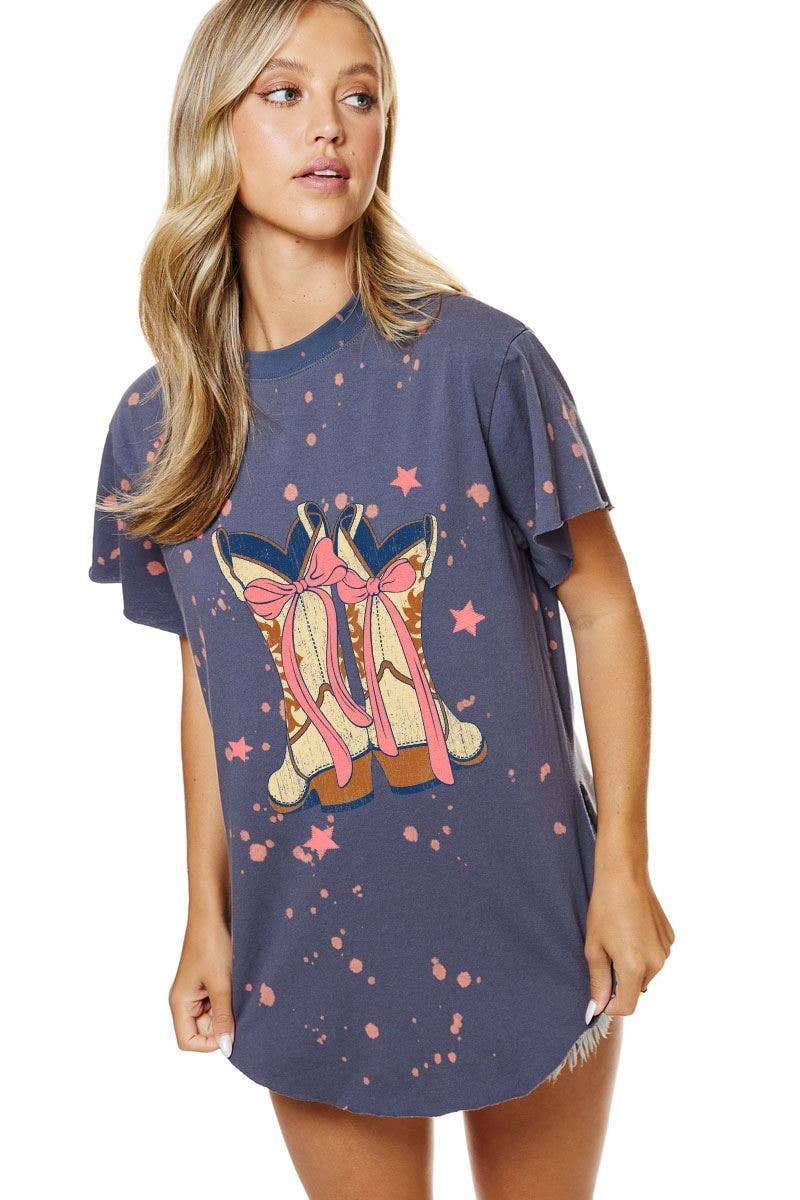 PUFF' Bow Cowboy Boots Graphic Bleached Top: LAVENDER / L