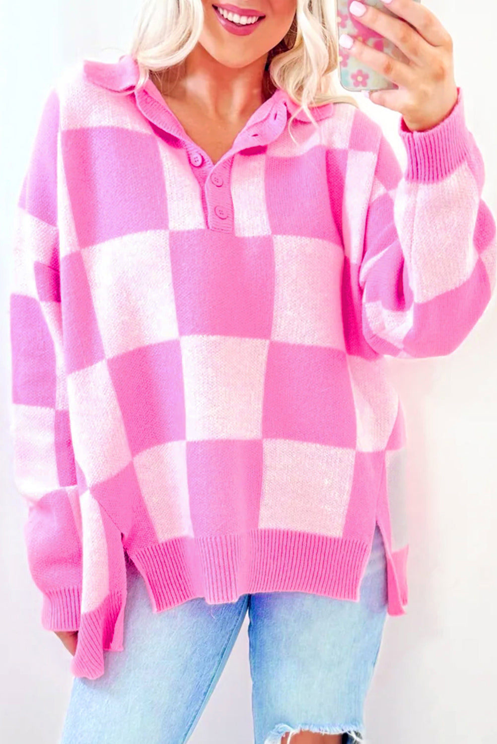 Pink Checkered Button Collared Sweater