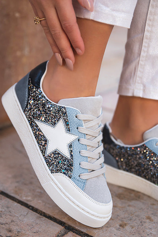 Silver Sequin Star Patch Lace Up Shoes