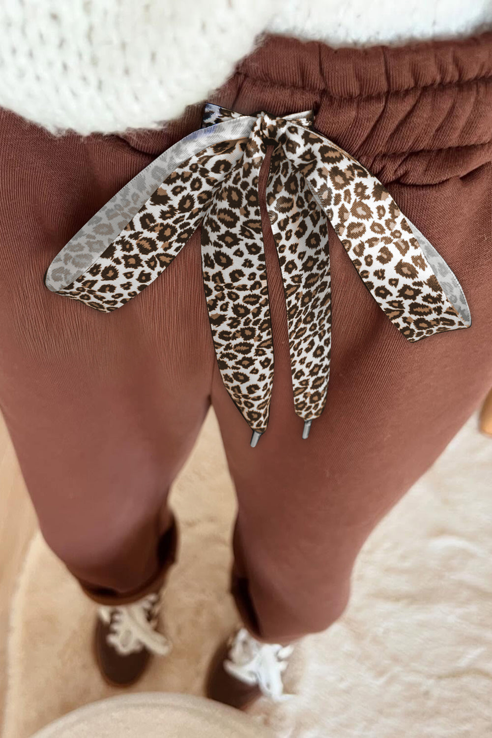 Coffee Leopard Drawstring Winter Fleece Pants