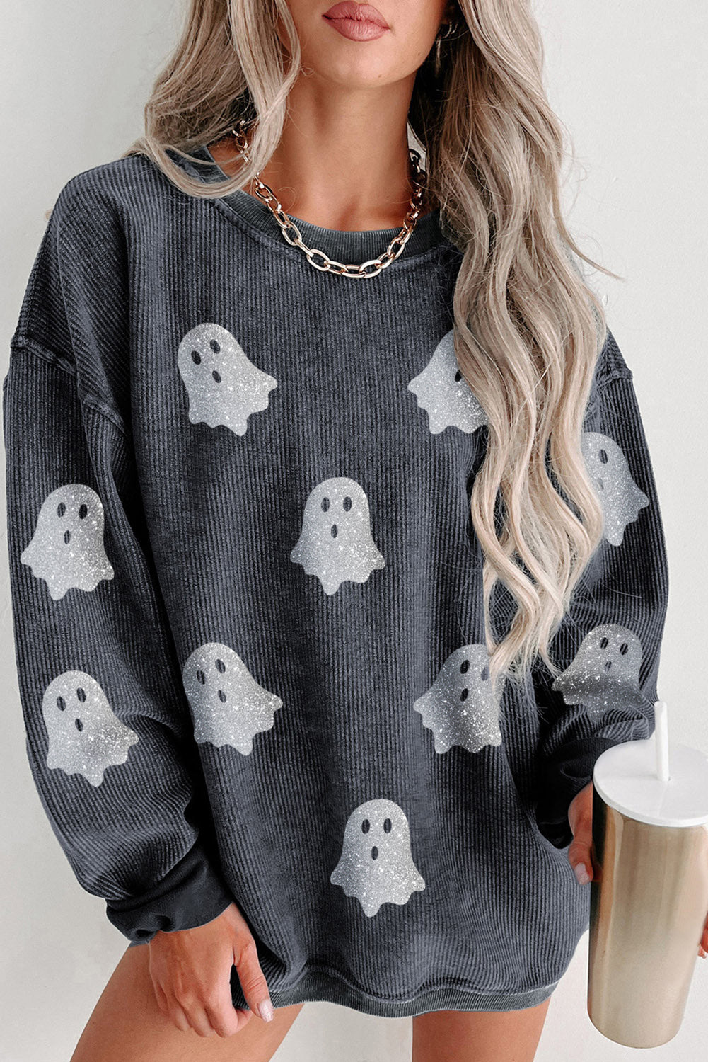 Black Halloween Ghost Transfer Vinyl Process Corded Crew Neck Loose Sweatshirt