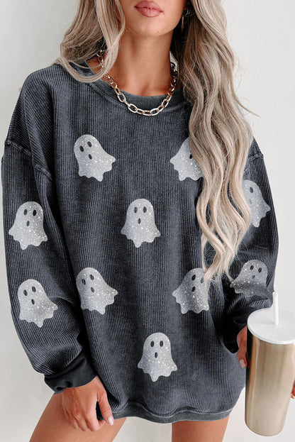 Black Halloween Ghost Transfer Vinyl Process Corded Crew Neck Loose Sweatshirt