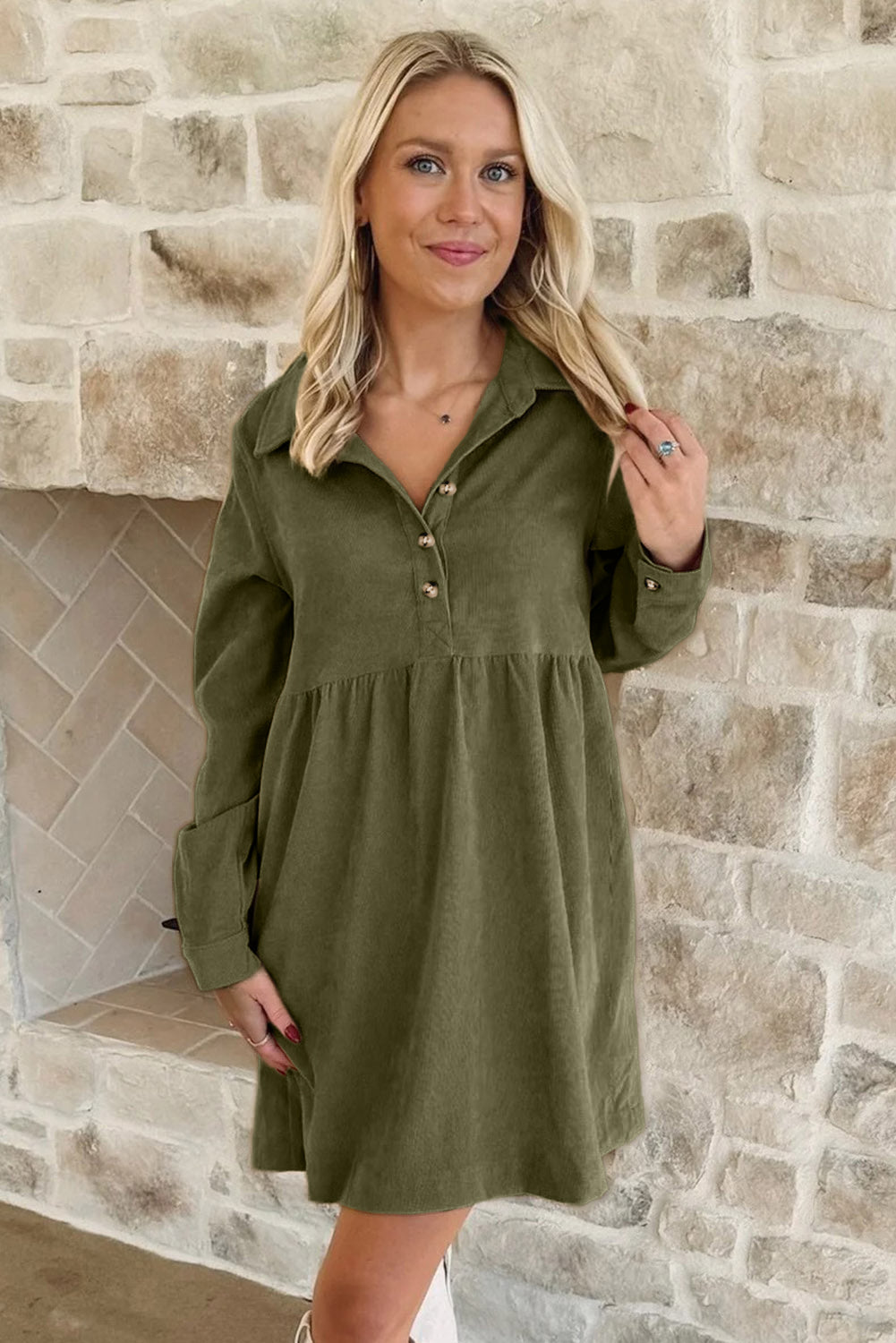Oatmeal Corduroy Half Button Collared Long Sleeve Mini Dress