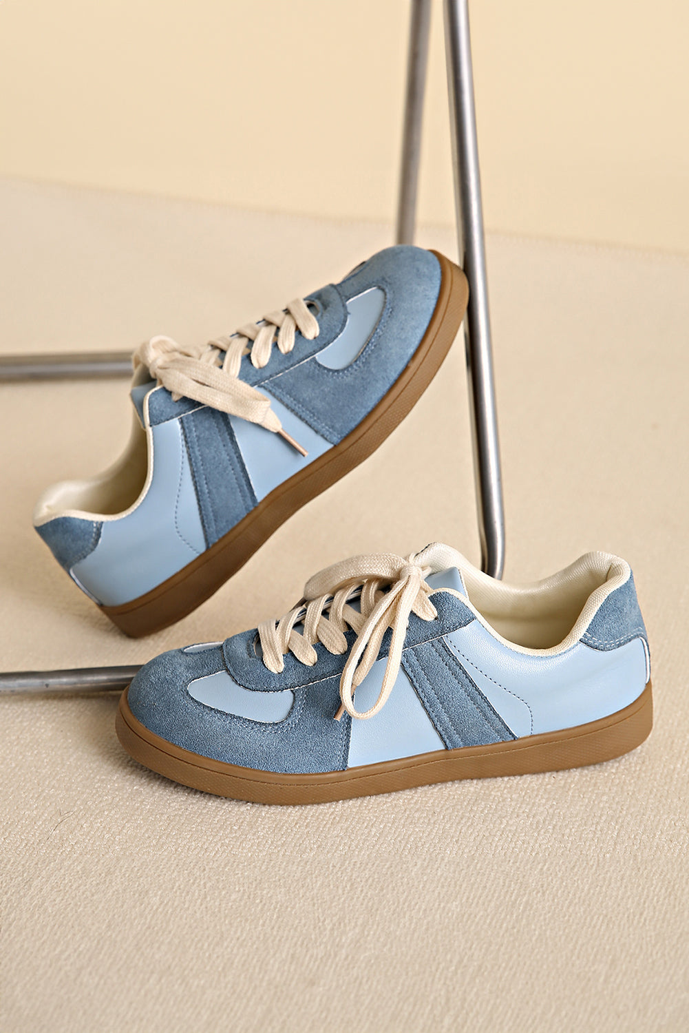 Dusk Blue Two Tone Suede Patched Lace Up Sneakers