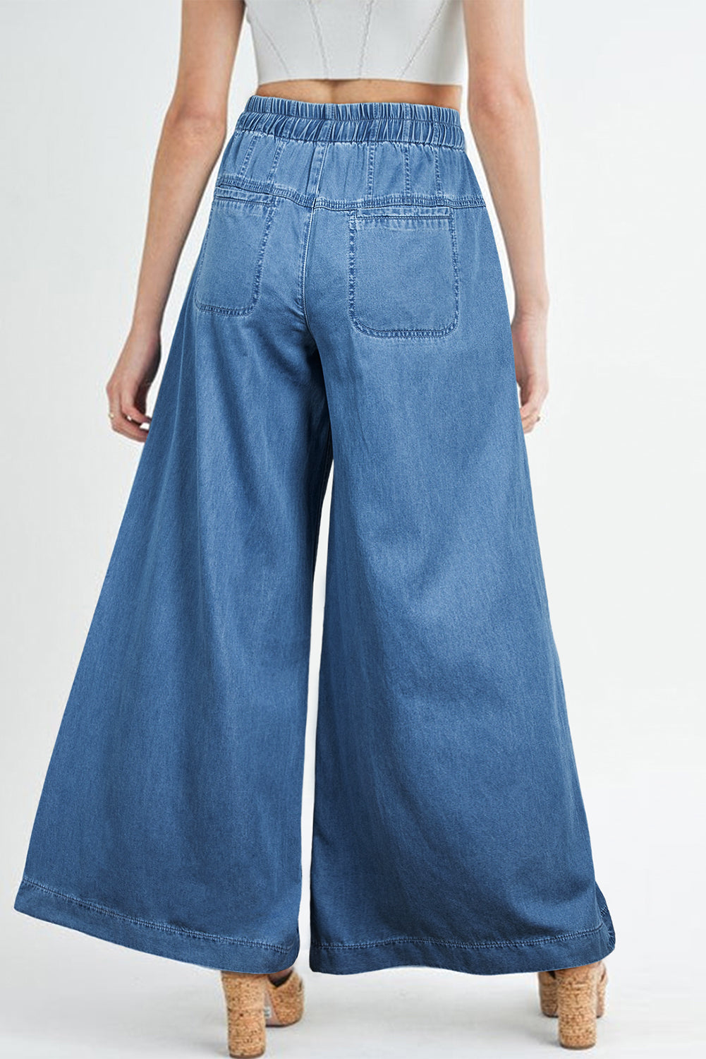 Dusk Blue Mineral Wash Button High Waist Wide Leg Jeans
