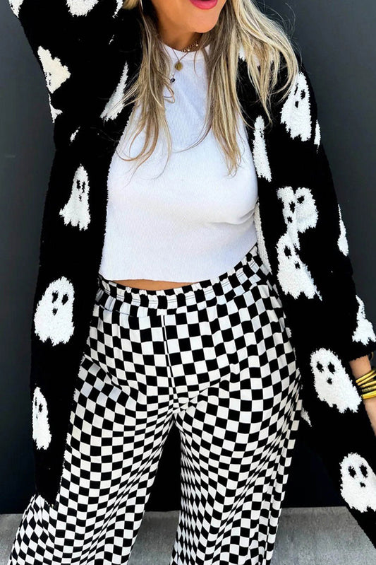 Black Halloween Ghost Pattern Mid length Knitted Cardigan