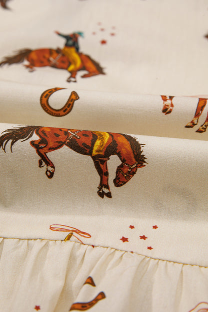 Apricot Rodeo Print Tied Front Puff Sleeve Peplum Top