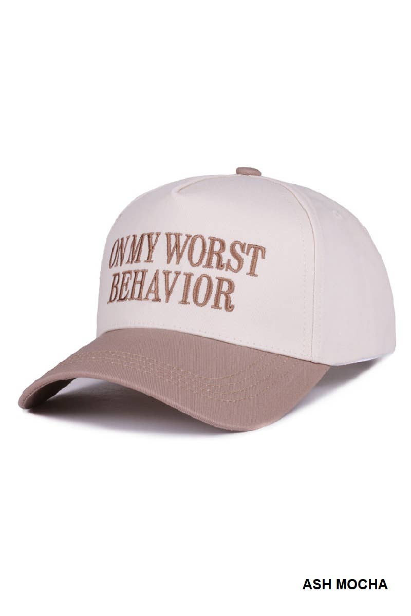 ,,,...._ 0919 On My Worst Behavior Two Tone Canvas Cotton Cap SI-28817: BLACK-189427 / OS