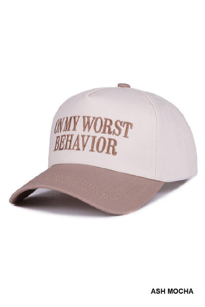 ,,,...._ 0919 On My Worst Behavior Two Tone Canvas Cotton Cap SI-28817: BLACK-189427 / OS