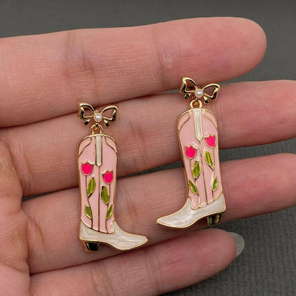 Western Style Enamel Boots Charm Post Earrings - WJ: Heart
