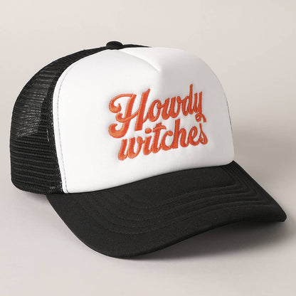 Howdy Witches Embroidered Mesh Back Trucker Hat : BLACK-ORANGE / ONE SIZE
