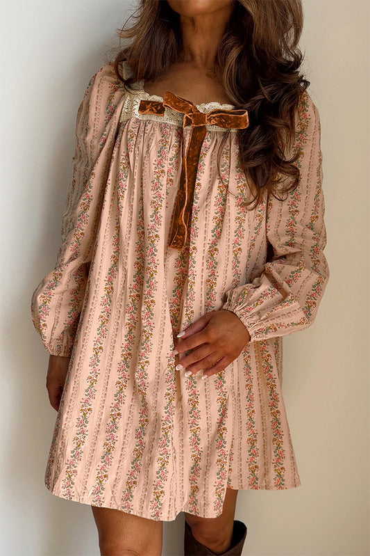 Khaki Velvet Bow Front Floral Print Long Sleeve Short Dress