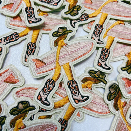 2.5" Cowgirl w Surfboard - Embroidered Hat Patch: Embroidered Patch