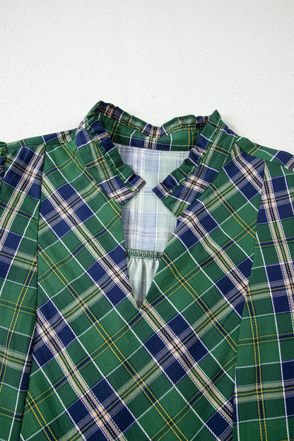 Green Plaid Print Frill Neck Long Sleeve Mini Dress