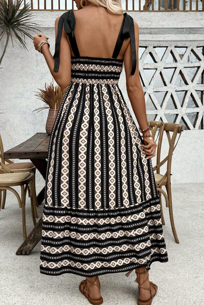 Black Geometric Striped Knot Strap Maxi Dress