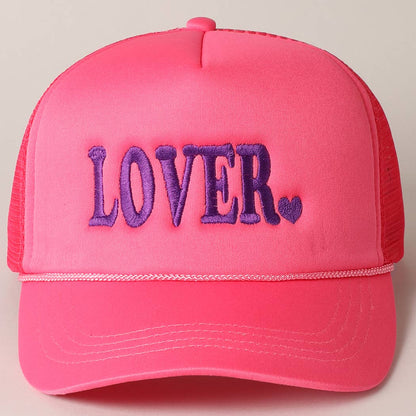 Lover Text Embroidery Foam Mesh Back Trucker Hat: Beige / ONE SIZE