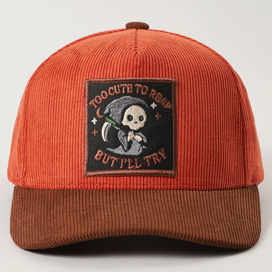 Skull Grim Reaper Patch Corduroy Trucker Cap: BEIGE / One Size
