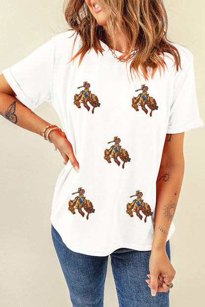 White Rodeo Sequins Patch Graphic Casual Round Neck Tee