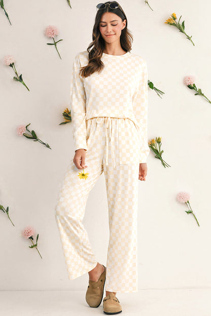 Beige Checkered Print Long Sleeve Loose Fit Pajama Set