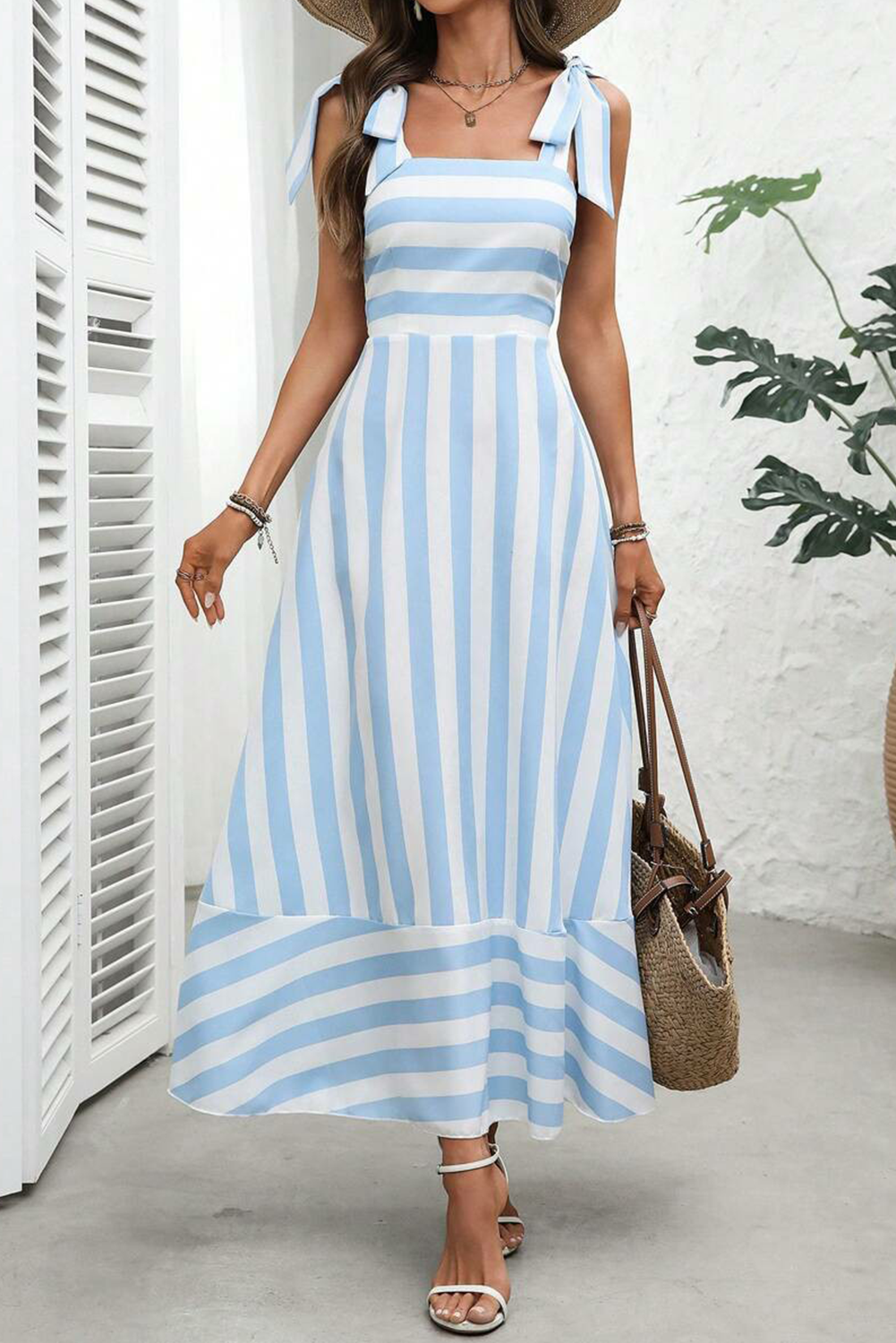 Black Geometric Striped Knot Strap Maxi Dress