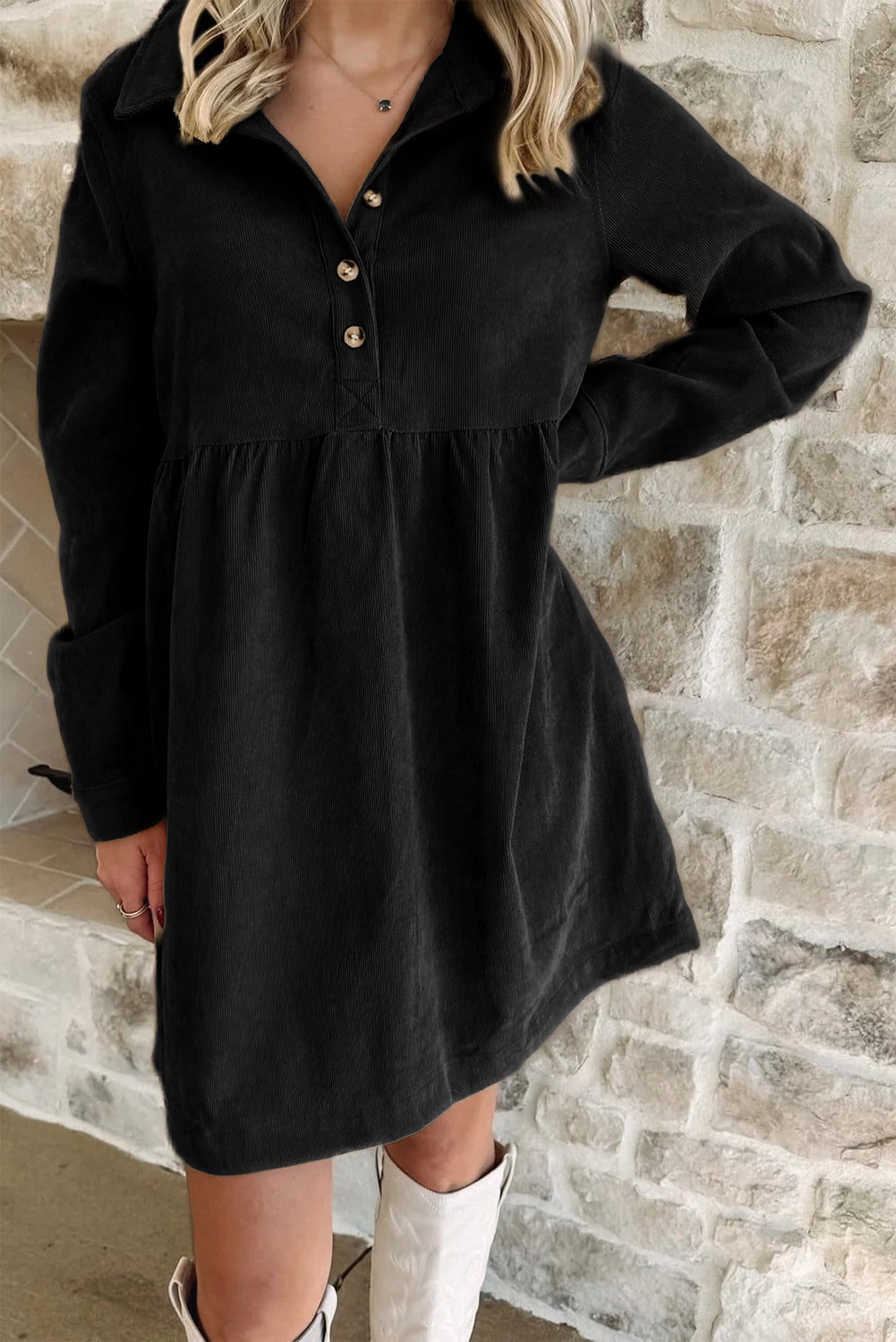 Oatmeal Corduroy Half Button Collared Long Sleeve Mini Dress