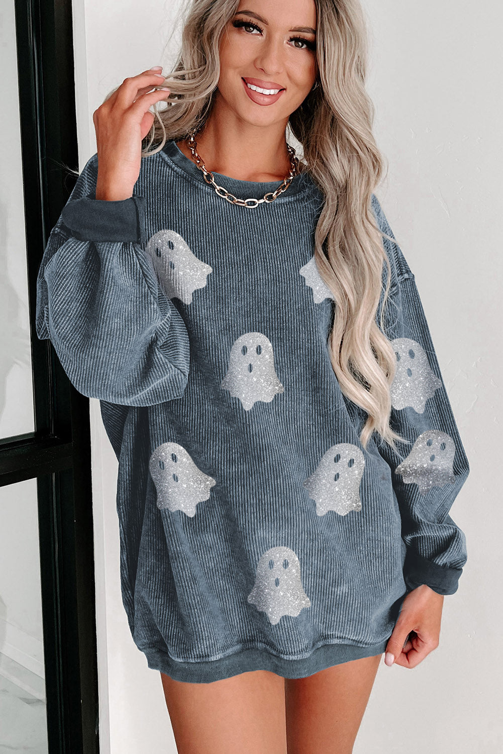 Black Halloween Ghost Transfer Vinyl Process Corded Crew Neck Loose Sweatshirt