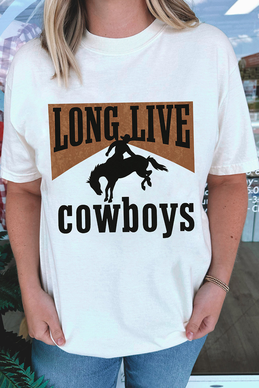 White LONG LIVE Cowboys Western Heat Transfer Printing Graphic Loose Tee