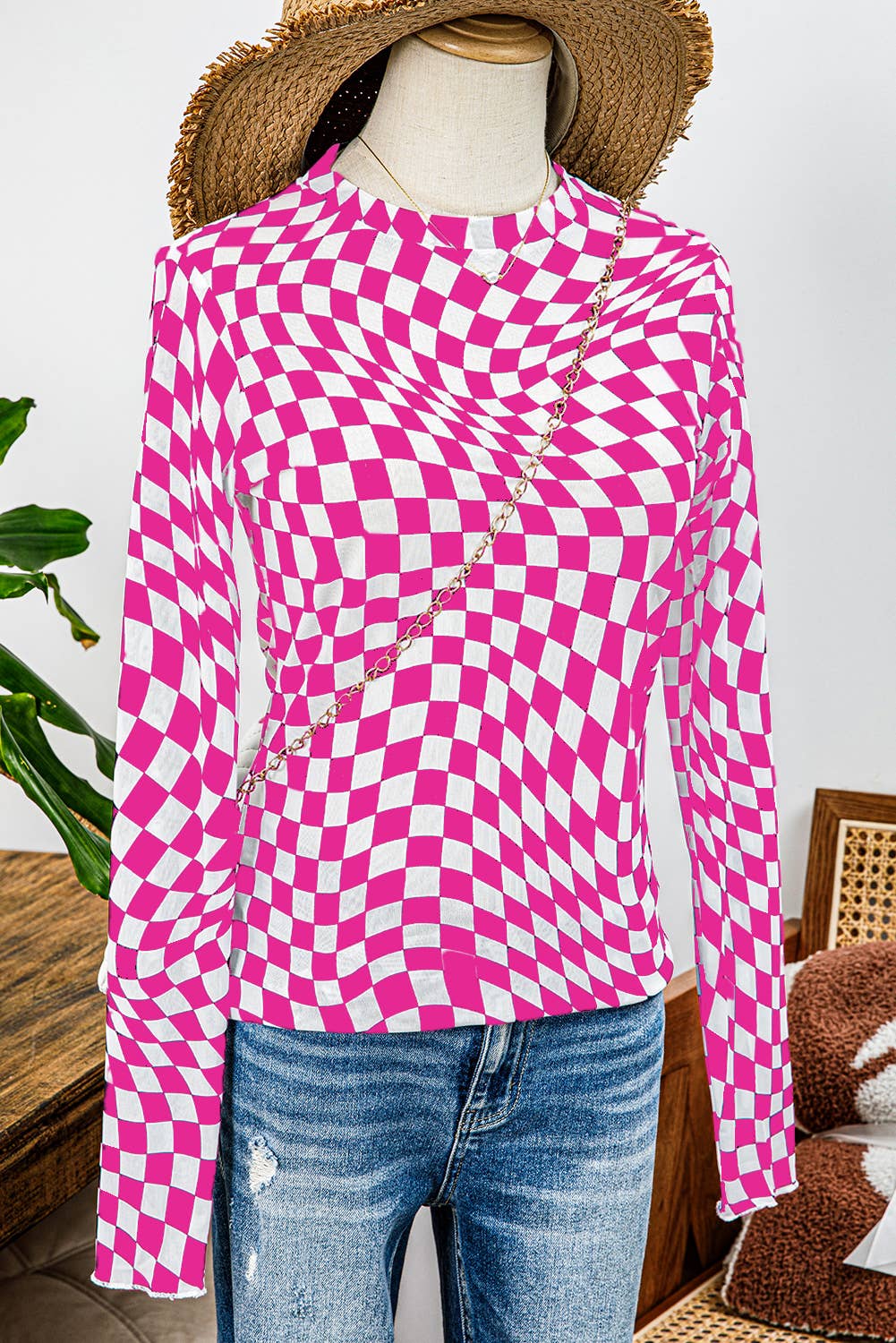 Western Checkered Pattern Mesh Mock Neck Long Sleeve Top: Black / Missy / XL