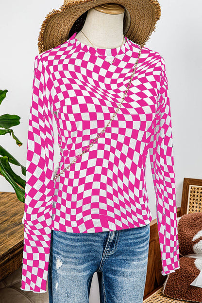 Western Checkered Pattern Mesh Mock Neck Long Sleeve Top: Black / Missy / XL