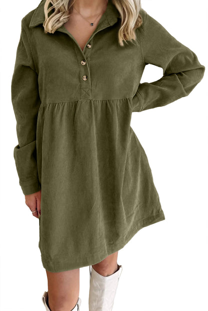 Oatmeal Corduroy Half Button Collared Long Sleeve Mini Dress