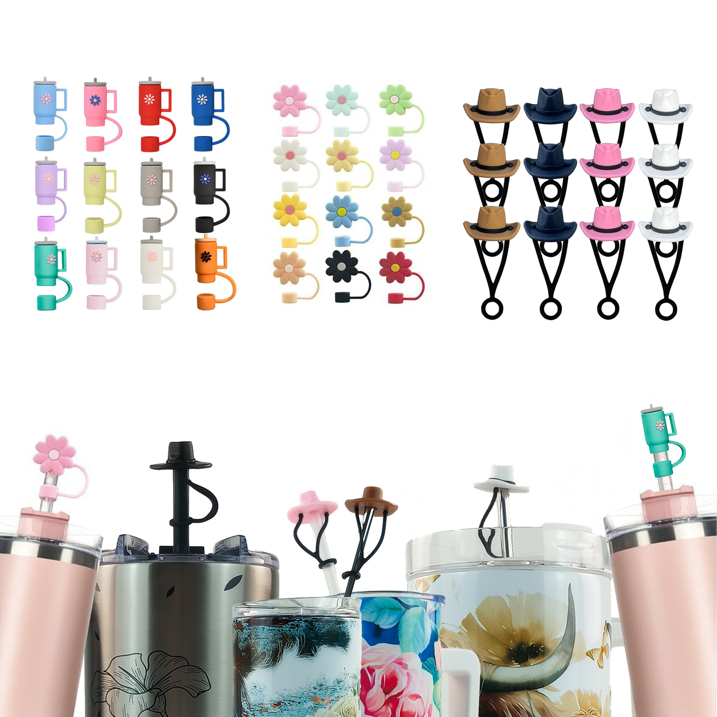 SILICONE STRAW TOPPER - 12 PACK: Cowboy Hat