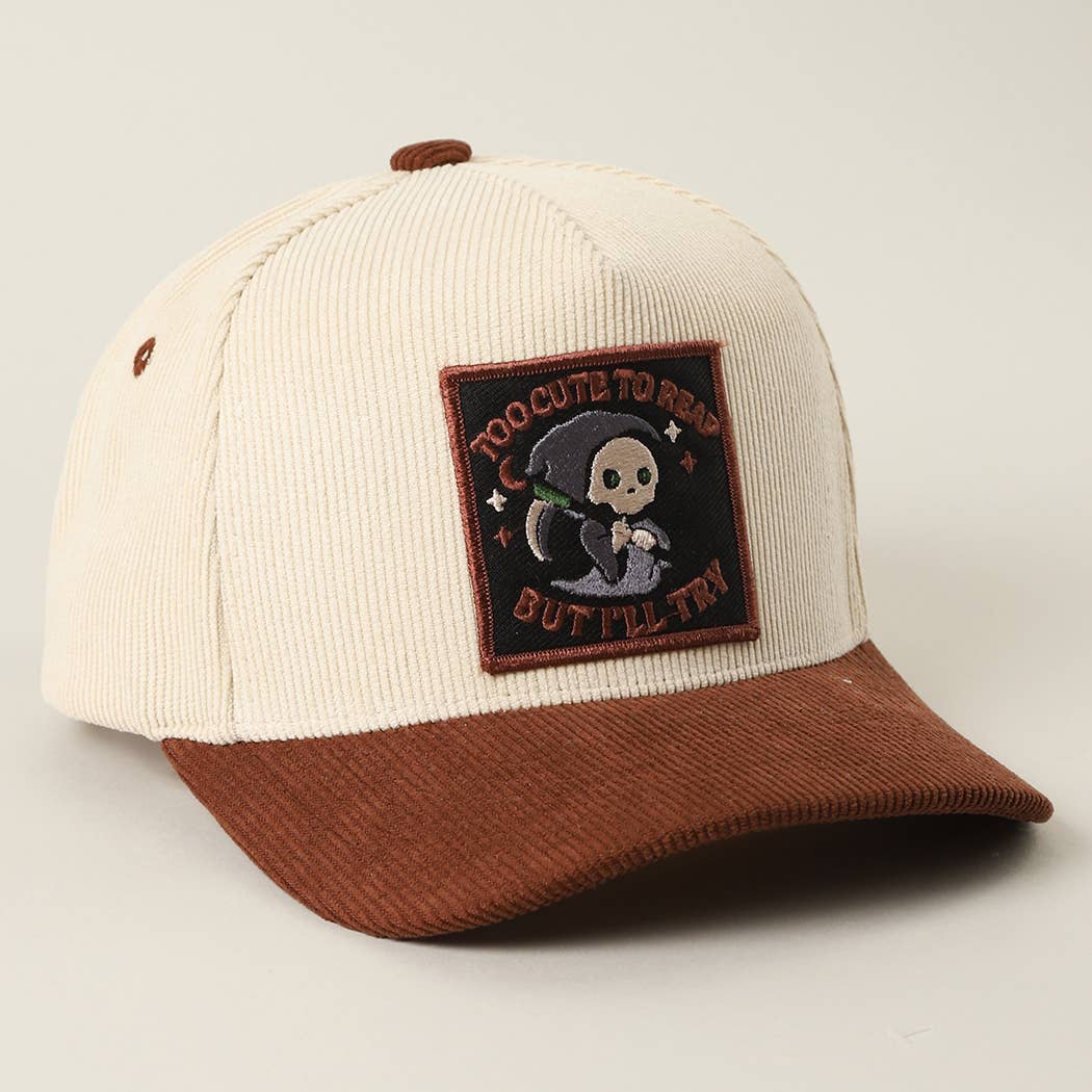 Skull Grim Reaper Patch Corduroy Trucker Cap: BEIGE / One Size