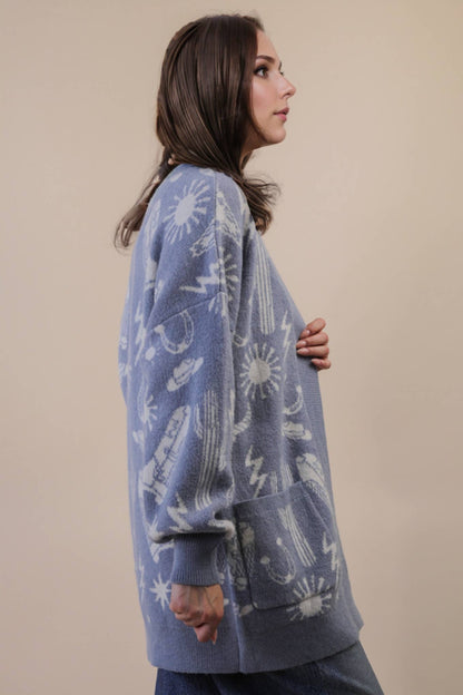 Oversized Western Graphic Knit Sweater Cardigan