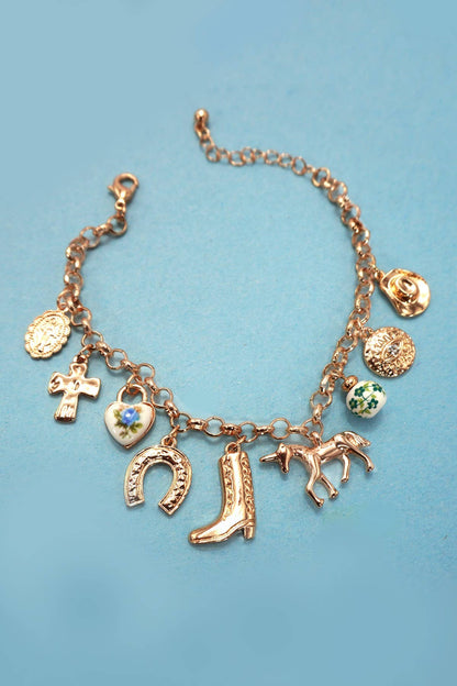 CHARM BRACELET - WESTERN BOOT CROSS PORCELAIN | 80B1345: GOLD