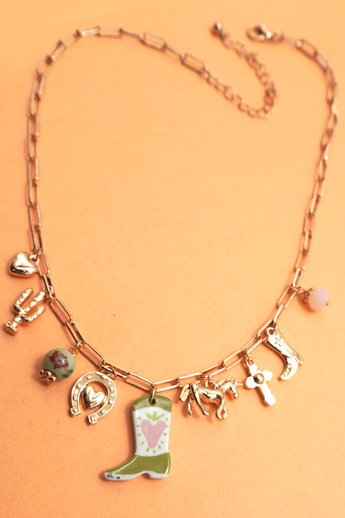 CHARM NECKLACE-WESTERN BOOT HORSE CROSS CHARM | 80N91803: GOLD