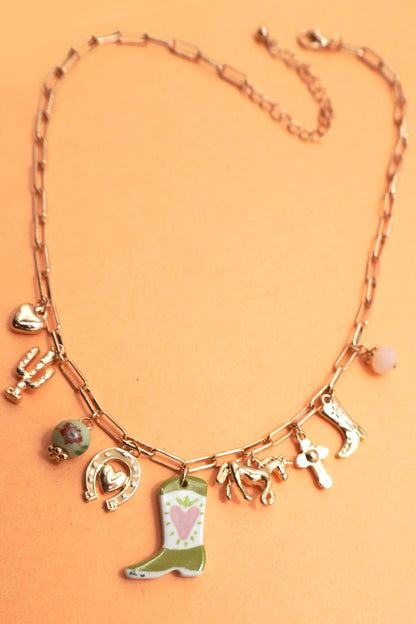 CHARM NECKLACE-WESTERN BOOT HORSE CROSS CHARM | 80N91803: GOLD