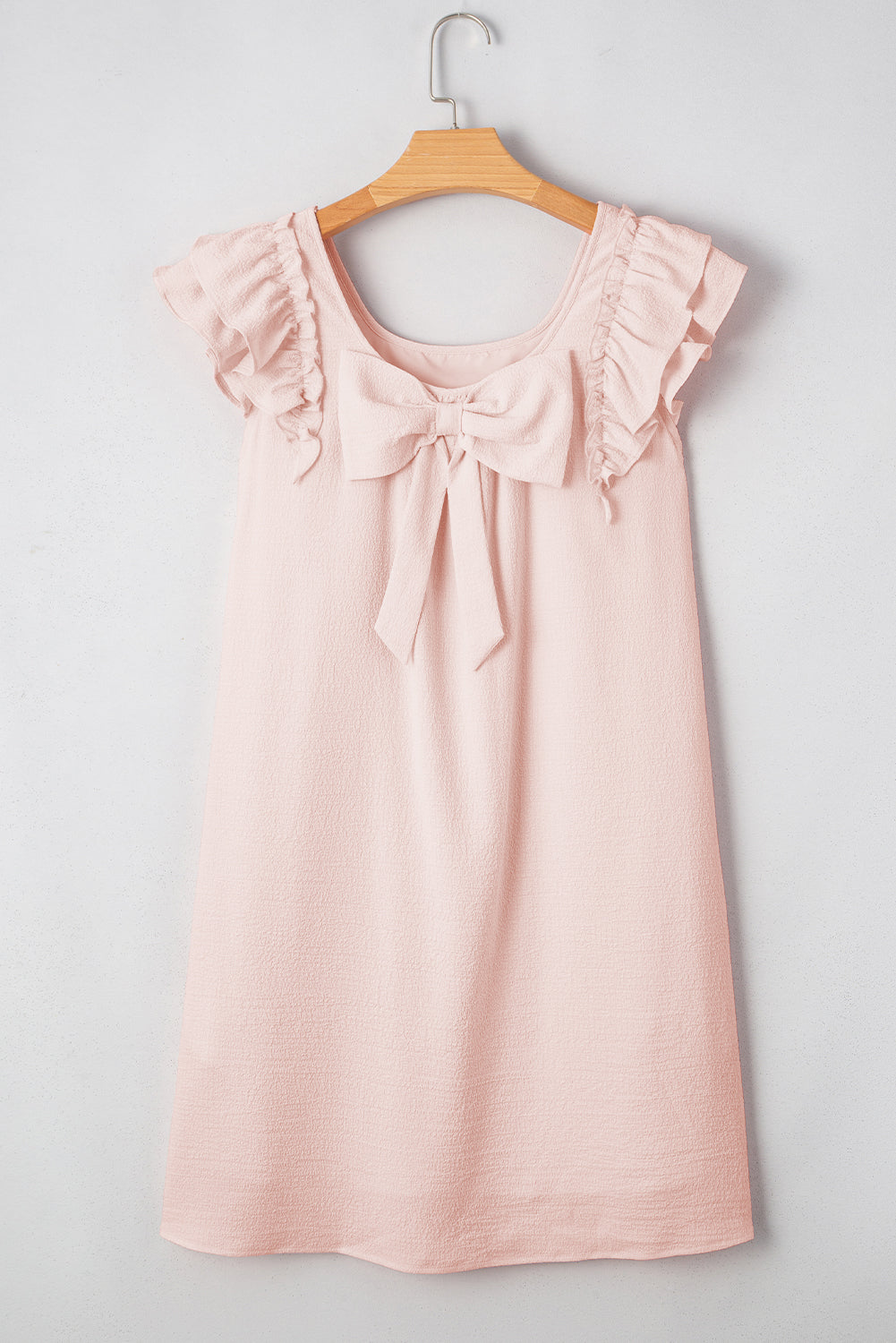 Light Pink Textured Flutter Sleeve Square Neck Bow Back Mini Dress