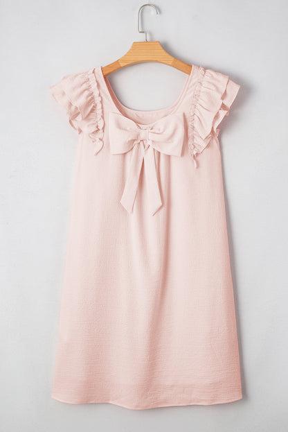 Light Pink Textured Flutter Sleeve Square Neck Bow Back Mini Dress