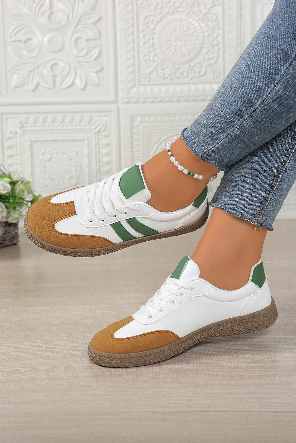 Rose Red Color Block Lace Up Sneakers