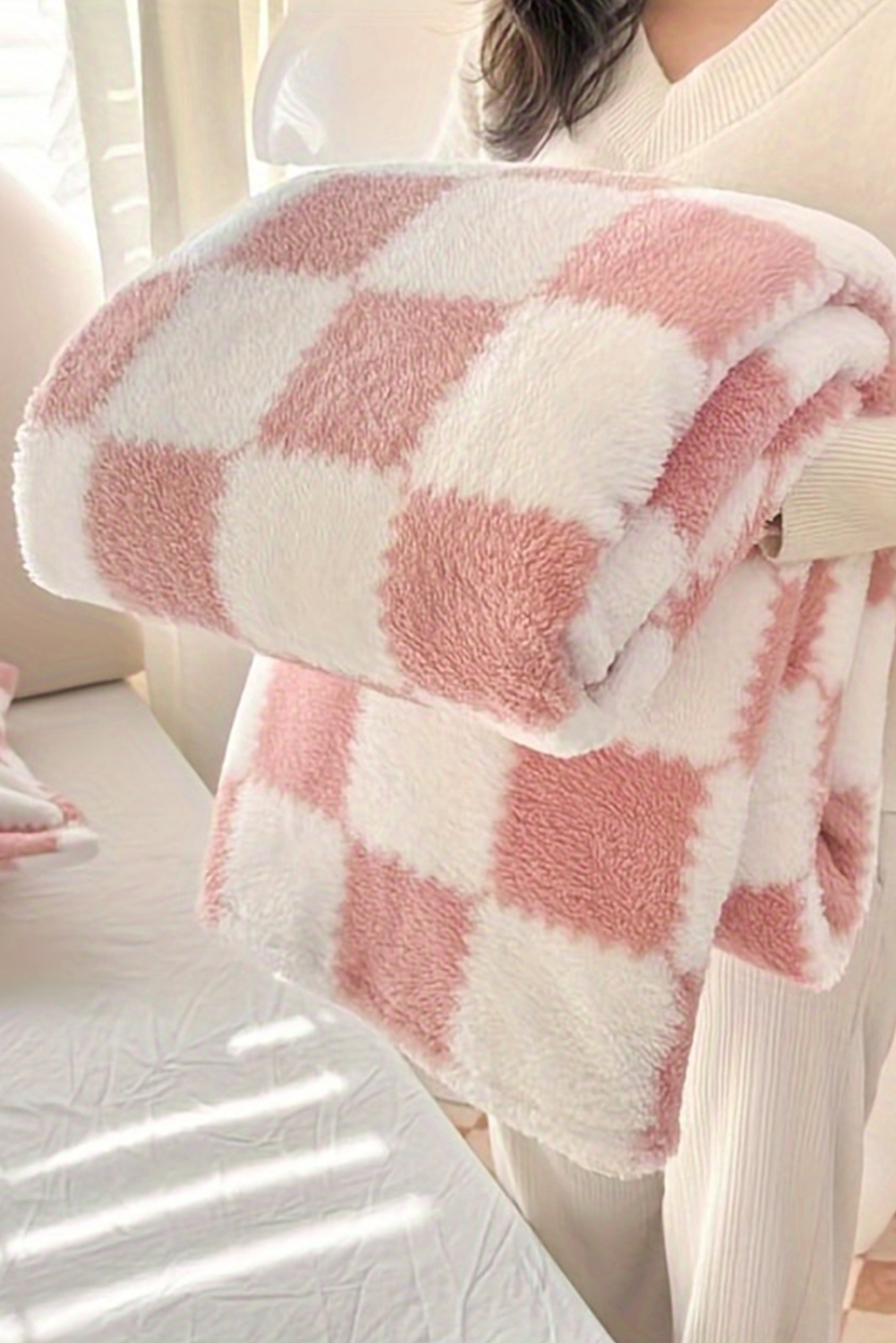 Pink Checkered Fluffy Coral Fleece Blanket