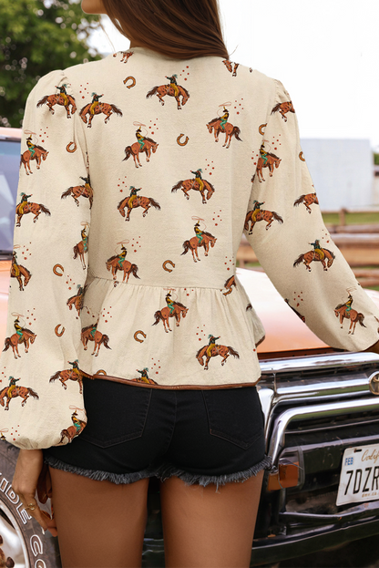 Western Rodeo Print Tied Front Puff Sleeve Peplum Top: As shown / Missy / M
