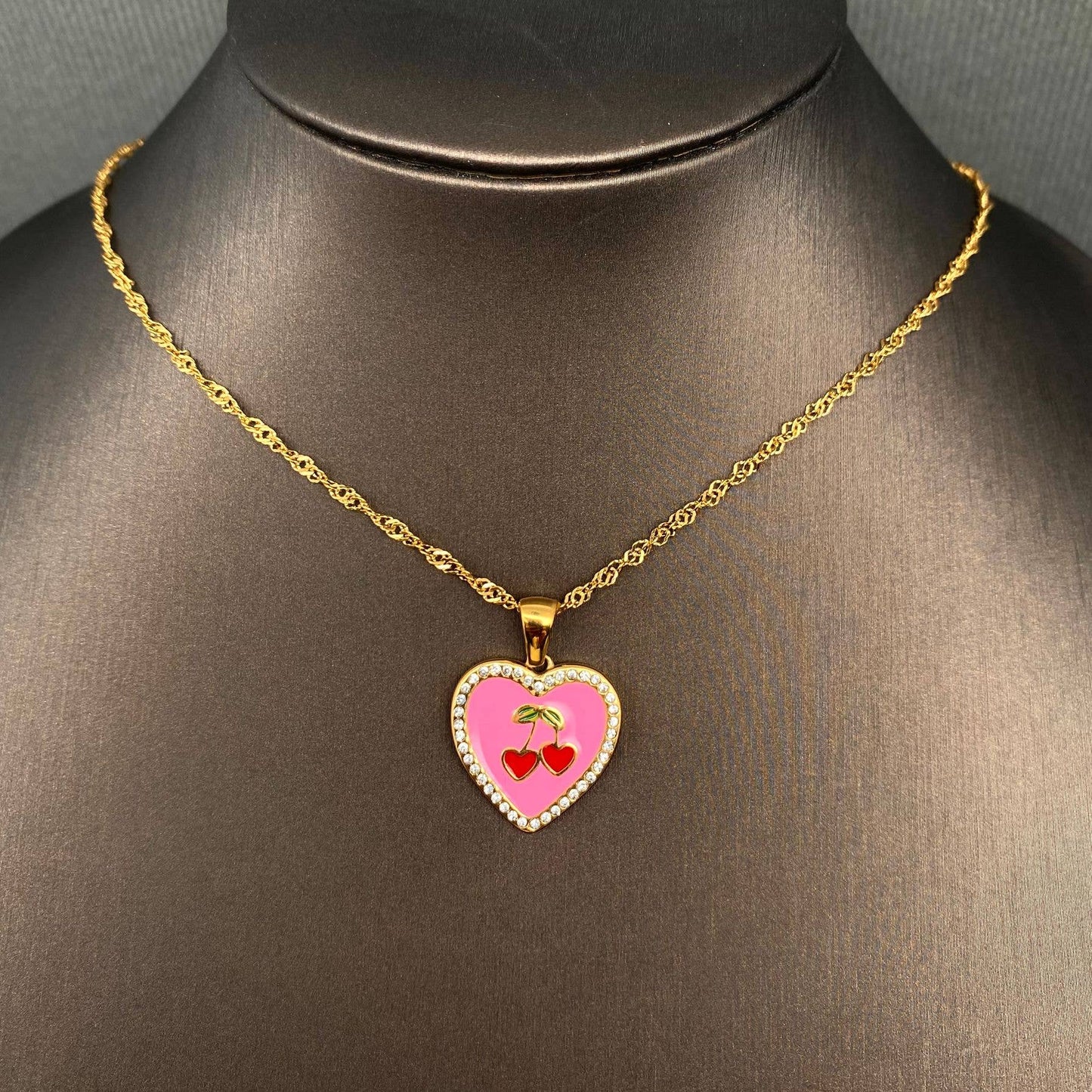 CZ Inlaid Enamel Cherry Heart 18K Golden SS Necklace - FGS