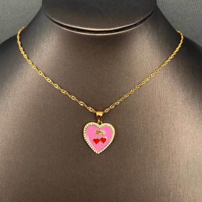 CZ Inlaid Enamel Cherry Heart 18K Golden SS Necklace - FGS