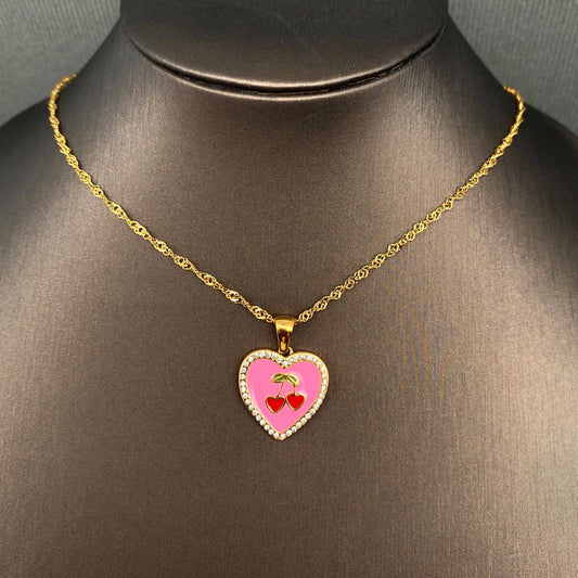 CZ Inlaid Enamel Cherry Heart 18K Golden SS Necklace - FGS
