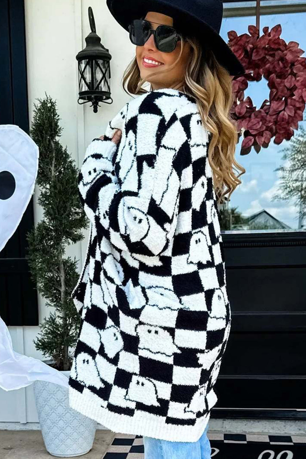 Black Halloween Ghost Pattern Mid length Knitted Cardigan