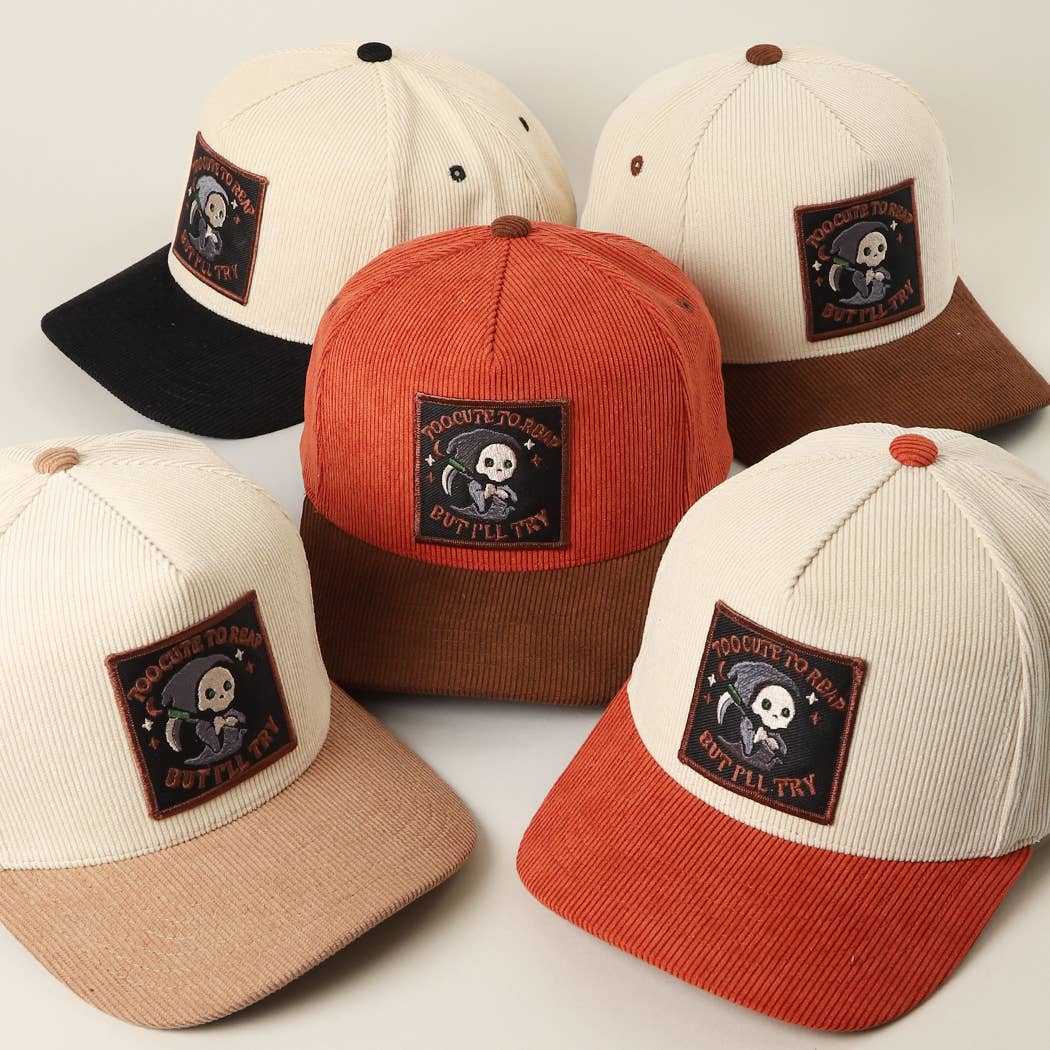Skull Grim Reaper Patch Corduroy Trucker Cap: BEIGE / One Size